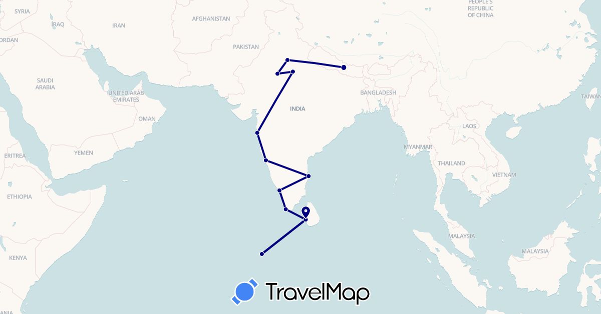 TravelMap itinerary: driving in India, Sri Lanka, Maldives, Nepal (Asia)